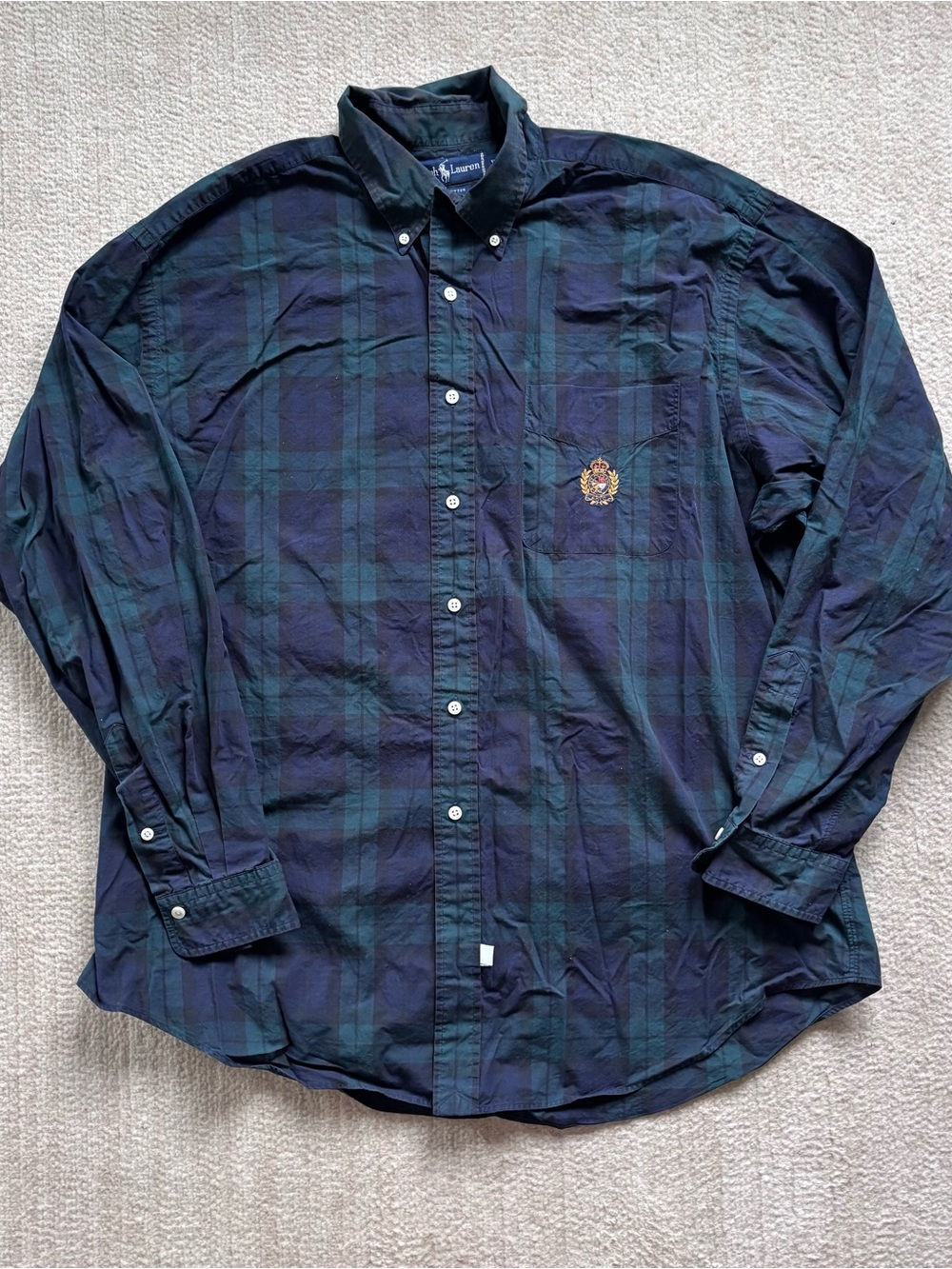 Vintage Ralph Lauren Navy and Green Plaid Button-Down Shirt XL